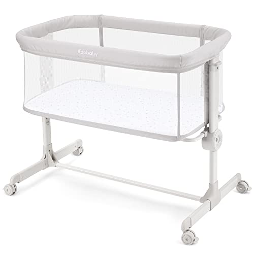 Ezebaby Beistellbett, 2 in1 Baby Bett ab Geburt bis 9 kg, Zustellbett 7 Höhenverstellung, mit Matratze/Faltbare Seitenwand/Räder, Netzgewebe Kinderbett (Hellgrau) von Ezebaby