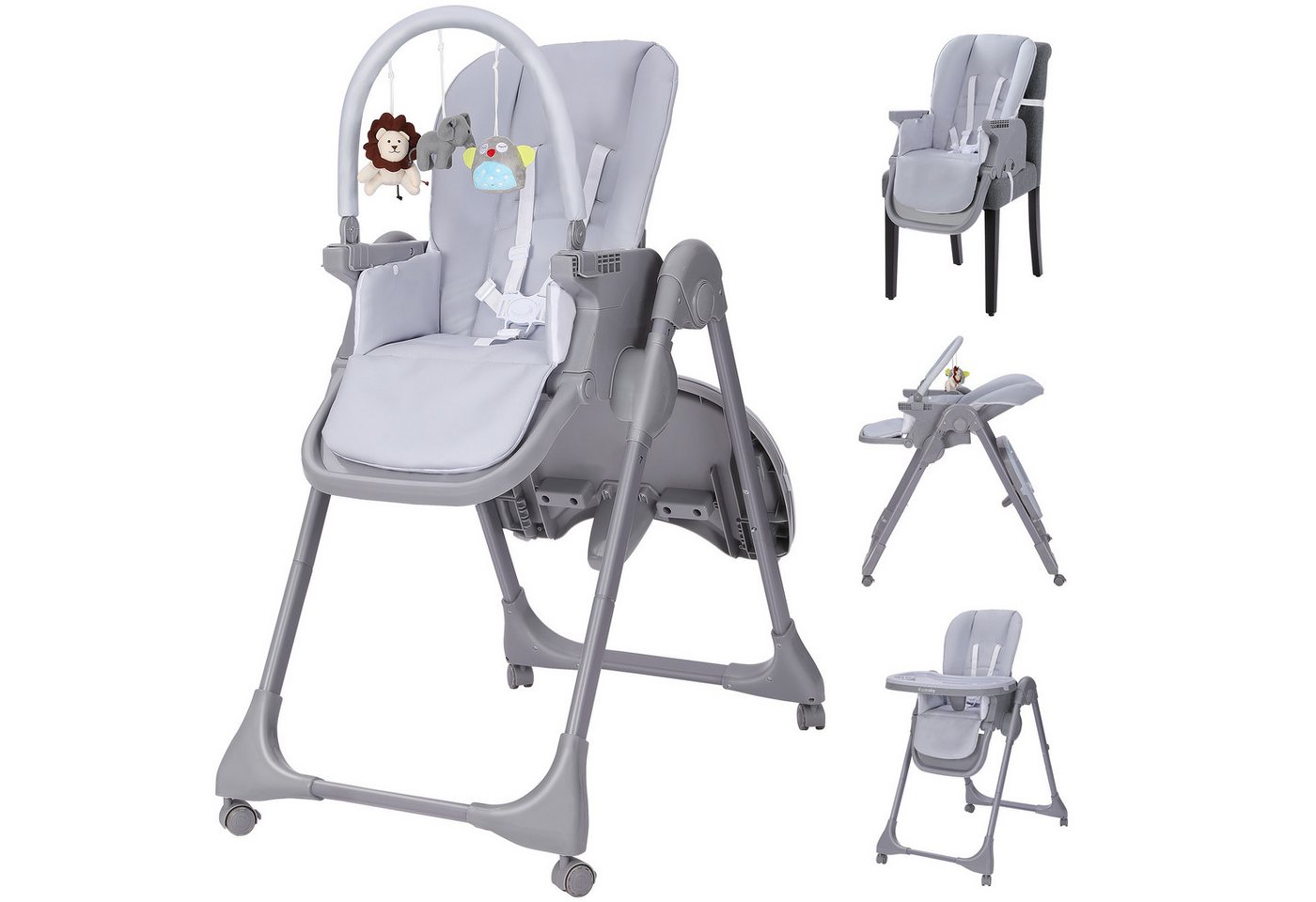 Ezebaby Hochstuhl 3-in-1 Hochstuhl, Multifunktion klappbar, mit Spielring und 3 Puppen von Ezebaby