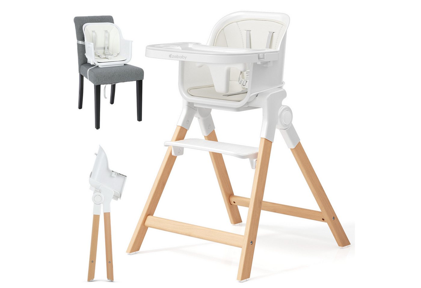 Ezebaby Hochstuhl Hochstuhl mit Holzbeine, Kunstleder Sitz für Kinder ab 6 Monaten, grau von Ezebaby