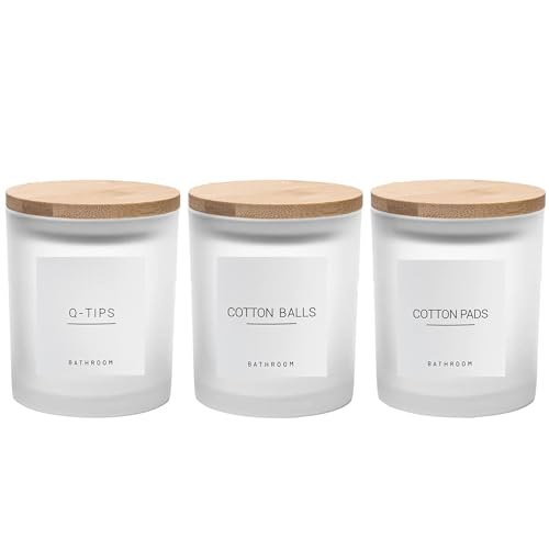 Ezebesta 3-teiliges modernes 384 ml transparente Badezimmer-Behälter mit 12 Etiketten und Holzdeckel, dickes Glasglas-Set, Organisation, minimalistische Dekoration von Ezebesta