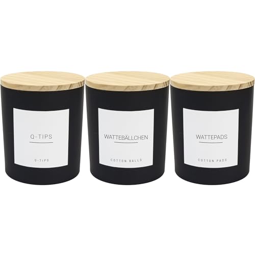 Ezebesta 3PCS 400ml Moderne schwarze Badezimmer-Kanister mit 12 Etiketten Hölzerner Deckel Dickes Glasgefäß Set Wattestäbchenhalter für Wattebausch Wattepads Aufbewahrungsorganisation Ezebesta 3PCS 400ml Moderne schwarze Badezimmer-Kanister mit 12 Etiketten Hölzerner Deckel Dickes Glasgefäß Set Wattestäbchenhalter für Wattebausch Wattepads Aufbewahrungsorganisation von Ezebesta