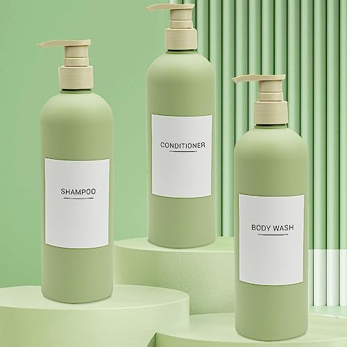 Ezebesta 400ml Avocado Grün Seifenspender für das Badezimmer mit Pumpen und 22 Etiketten Moderne Lotion Flaschen (3 Stück) von Ezebesta