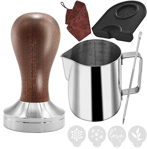 Ezebesta 51mm Kaffee Tamper Set 304 Edelstahl Base Holzgriff Siebträgermaschine Zubehör Espresso Tamper mit Tampermatte, Milchkännchen (350ml), Barista Handtuch von Ezebesta