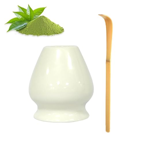 Ezitruz Matcha Set, Matcha Besen Halter mit Löffel, Keramik Matcha Schneebesen Ständer, 2-teiliges Chasen Matcha Tee Set(Weiß) von Ezitruz