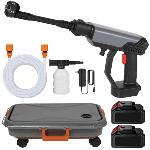Akku Hochdruckreiniger mit Faltbarer Wassertank, 21V Kabellose Hochdruckpistole mit 2 Akku 15000mAh, 6-in-1 Düse, Max 30 Bar Hochdruckreiniger für Auto (Grau) von Eznaobo