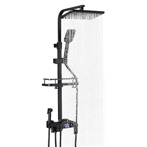 Duschsystem mit Thermosta und LED-Display, Duscharmatur Komplettset mit 30 X 19 CM Regendusche, 3 Funktion Handbrause, 85-125cm Verstellbare Duschstange (Schwarz) von Eznaobo
