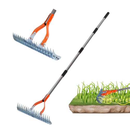 Rasenrechen, Gartenrechen mit 19 Stahlzinken,40-70 Zoll Verstellbarer Griff,Gartenharke zum Lockern von Boden und Nivellieren,Garten Laubharke für Raking Blätter Gras, Unkraut (orange) von Eznaobo