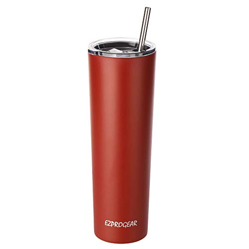 Ezprogear 1 l Edelstahl Schlankes, dünnes Becher Red Cherry Becher vakuumisoliert mit Strohhalm (34 oz, Kirsche) von Ezprogear