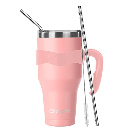 Ezprogear 1180 ml Edelstahl-Bierbecher, rosa, Campingbecher, doppelwandig, vakuumisoliert, mit Strohhalmen und Griff (Rosa) von Ezprogear