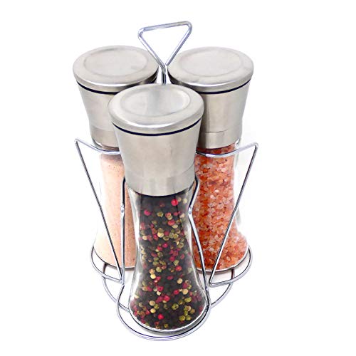 Ezprogear Salz- und Pfeffermühle mit einstellbarer Grobheit und Ständer, Salz- oder Pfeffermühlen-Set mit 2 extra Streudeckeln (3 x Mahlwerk) von Ezprogear
