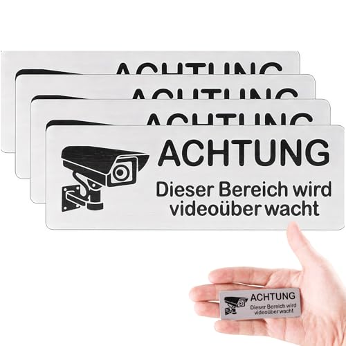 4 Stück Schild Videoüberwachung Schilder,Selbstklebend Aluminium Achtung VideoüBerwachung Schild,85mm×30mm Aluminium Hinweisschild Kamera Überwachung,für Innen und Außenbereich (schwarz) von Ezranova