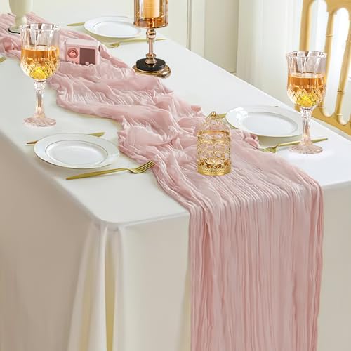 Ezvsevuo 1 STK. Tischläufer Rosa 90 x 300 cm - Rustikale Gaze Käsetuch Tischläufer, Boho Dekostoff für Hochzeitsdeko Gartenparty, Brautparty, Geburtstag Deko & Tischdeko (Pastellrosa) von Ezvsevuo