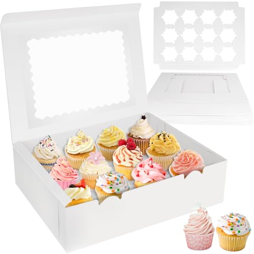 Ezvsevuo 12 Löcher Cupcake Transportbox 10pcs,Weiße Muffin Transportbox mit Transparente Sichtfenster,Cupcake Boxen Cupcake Behälter mit Aufklebern,Tortentransportbox für Cupcakes Kekse Muffins Donuts von Ezvsevuo