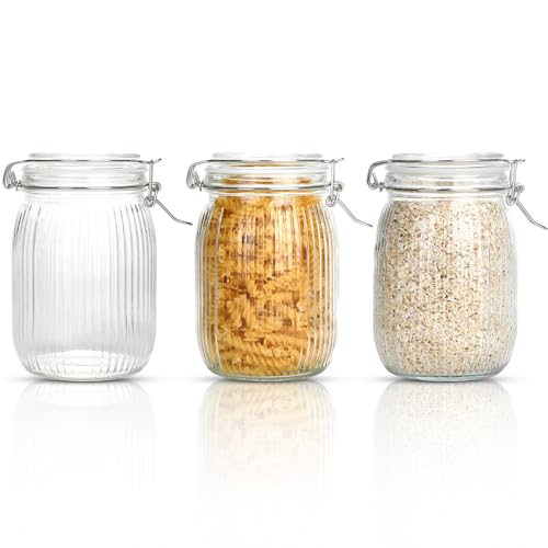 Ezvsevuo 3 Einmachgläser mit Bügelverschluss, 1L Glasbehälter mit Deckel 1000ml Vorratsgläser für Küchenorganisation, Drahtbügel-Vorratsgläser zum Aufbewahren von Pasta, Müsli, Essiggurken, Gewürzen von Ezvsevuo