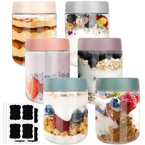 Ezvsevuo 6 Overnight Oats Gläser, 500ml Luftdichte Meal Prep Gläser, Einmachgläser mit Schraubdeckel, Multifunktionale Hausgemachte Marmeladebecher Müslibecher Joghurtbecher Puddingbecher to Go Glas von Ezvsevuo