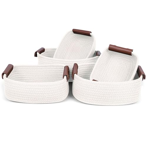 Ezvsevuo Baumwoll Aufbewahrungskorb mit Ledergriffe 5er Set, Körbe Handgewebt Baumwolle, Storage Basket, Gewebter Baumwollseil Korb Aufbewahrung Organizer Für Regal Schrank Bad Kinderzimmer, Weiß Ezvsevuo Baumwoll Aufbewahrungskorb mit Ledergriffe 5er Set, Körbe Handgewebt Baumwolle, Storage Basket, Gewebter Baumwollseil Korb Aufbewahrung Organizer Für Regal Schrank Bad Kinderzimmer, Weiß von Ezvsevuo