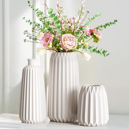 Ezvsevuo Keramik Vase Satz von Satz von 3, Vasen Deko Weiße Vase Deko Aesthetic für Moderne Home Decor, Vasen Deko Boho Deko Blumenvase für Wohnungsdeko Trockenblumen(L:20cm Hoch) von Ezvsevuo