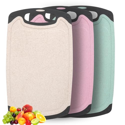 Ezvsevuo Schneidebrett Set 3 Stück, Schneidebrett Kunststoff mit Griffe und Saftrille, Schneidebretter Spülmaschinenfest, Bretter Set Küche BPA Frei, Rutschfestem Küchenbrett 35x21 cm, Beige+Rosa+Grün von Ezvsevuo