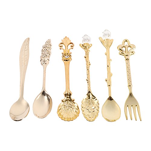 Ezweiji Spoon Set Vintage Löffel Gabel Set, 6 Stück Coffee Spoon Familiengeschirr Set Retro Royal Style Gold Silber Farbe Antik Metall Besteck Set Kaffee Dessert Löffel Teelöffel (Gold) von Ezweiji