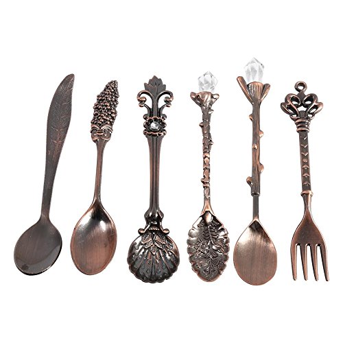 Ezweiji Vintage Löffel Gabel Set, 6 Stück Coffee Spoon Familiengeschirr Set Retro Royal Style Gold Silber Farbe Antik Metall Besteck Set Kaffee Dessert Löffel Teelöffel von Ezweiji