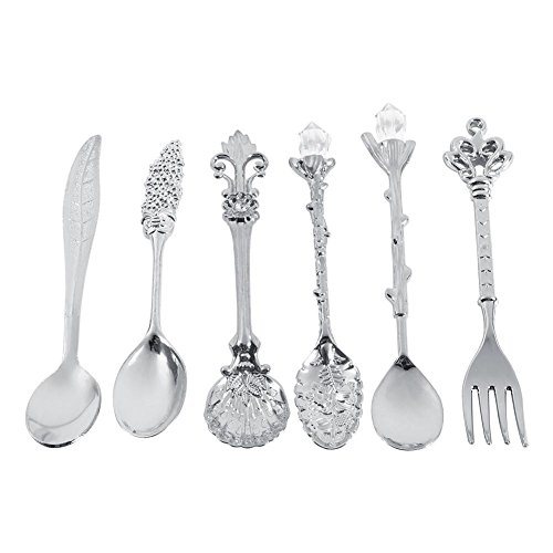 Ezweiji Spoon Set Vintage Löffel Gabel Set, 6 Stück Coffee Spoon Familiengeschirr Set Retro Royal Style Gold Silber Farbe Antik Metall Besteck Set Kaffee Dessert Löffel Teelöffel (Silber) von Ezweiji