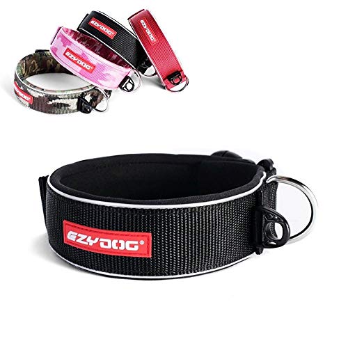 EzyDog Halsband Hund Breit, Breites Hundehalsband für Große Hunde - Neo Wide - Neopren Gepolstert, Reflektierend, Wasserfest (XL, Schwarz) von EzyDog