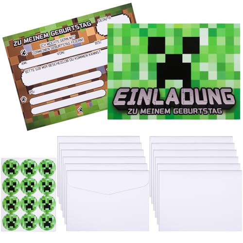 Ezydka 12Set Gaming Einladungskarten Kindergeburtstag Junge, Pixelmotiv Einladungen geburtstagseinladungen mit Umschlag und Aufkleber für Kinder zum Geburtstag, Partyeinladungen von Ezydka