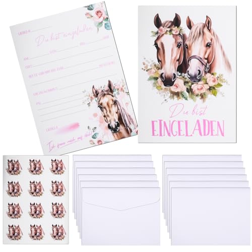 Ezydka 12Set Pferde Einladungskarten Kindergeburtstag Mädchen, pferd Einladungen geburtstagseinladungen mit Umschlag und Aufkleber für Kinder zum Geburtstag, Partyeinladungen von Ezydka