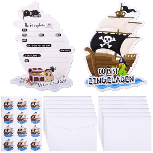 Ezydka 12Set Piraten Einladungskarten Kindergeburtstag Jungen Mädchen, Deutsche Pirat Einladungen geburtstagseinladungen mit Umschlag und Aufkleber für Kinder zum Geburtstag, Piratenparty von Ezydka