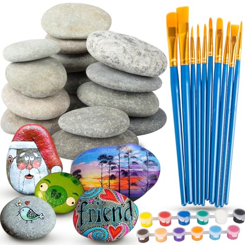 Ezydka 15 Stück Große Flache Steine zum Bemalen 5–8cm Glatte Kieselsteine Dekosteine Naturstein mit Bürste und Acrylfarbe für Bunte Malerei & Dekoration Blumentöpfen und Aquarien von Ezydka