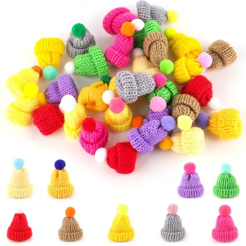 Ezydka Mini Hüte Strickmützen 40 Stück Gestrickt Mini Hut Mini Wollmütze Glückswürmchen Sorgenwürmchen Hut, Mini Mützen für DIY Basteln Zubehör Weihnachten Handwerk von Ezydka