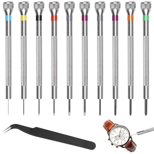 Ezydka Uhrmacher Schraubendreher Set, 10 Stück Uhrmacher Schraubendreher mit 1 Pinzette, 0,6mm-2,0mm Präzisionsschraubendreher Kreuz und Schlitz für Uhren Brillen Reparatur von Ezydka