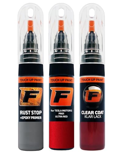 FIRANTO Lackstift Autolack Reparaturset für Tesla Motors PR01 Ultra Red - 3-in-1 Autolack Kratzer Reparaturstift 15ml Grundierung, Klarlack von F FIRANTO