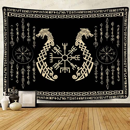 Nordic Vikings Wandteppich, weiches Flanell, Vegvsir Symbol Zwillinge Drachen keltische Rune skandinavisch ästhetischer Mythologie Tapisserie Wandbehang für Schlafzimmer Wohnzimmer Dekor GTZYFS1626 von F-FUN SOUL