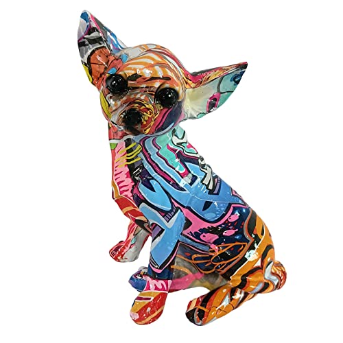 F Fityle Graffiti-gemalte Chihuahua-Statuette, Hundeskulptur, kreative Bunte Kunstharz-Verzierung, Tierstatue, Dekoration, Hundefiguren, Wohnkultur für Regal, Alphabet-Graffiti von F Fityle
