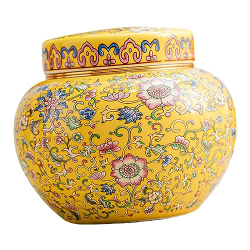 F Fityle Keramik-Ingwerglas-Blumenvase mit Deckel, 800 ml Fassungsvermögen, Ornament, Mehrzweck-Schreibtischvase im chinesischen Stil, Teedose für Esszimmer, GELB von F Fityle