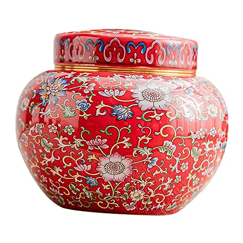 F Fityle Keramik-Ingwerglas-Blumenvase mit Deckel, 800 ml Fassungsvermögen, Ornament, Mehrzweck-Schreibtischvase im chinesischen Stil, Teedose für Esszimmer, Rot von F Fityle