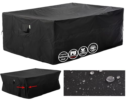 F&J Outdoors Gartenmöbel Abdeckungen Wasserdicht Patio Tisch Abdeckung Cinched Taille Lagerung Abdeckung Winddicht Rechteckig Schutzhülle Heavy Duty Tear Resistant Schwarz,259×188×84cm von F&J Outdoors