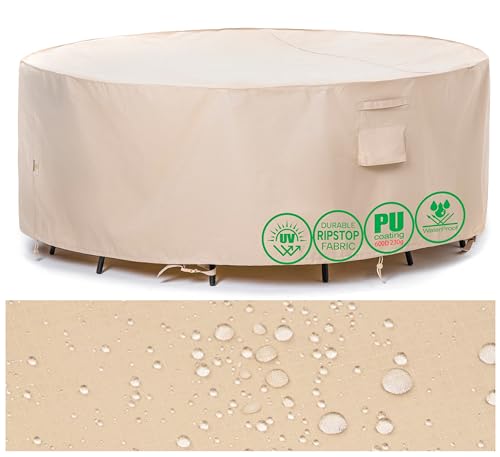 F&J Outdoors Gartenmöbel Abdeckungen Wasserdicht Runde 244x70m Gartentisch Wetterfest Heavy Duty Gartenmöbel Plane Schutzhülle Gartenmöbel Garten Abdeckung Patio Möbel Abdeckungen Rainproof Beige von F&J Outdoors