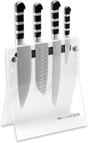 F. DICK 4Knives weiß 1905 4-teilig (Messerblock aus Acrylglas, LxBxH 24 x 12,5 x 42 cm, Kochmesser, Santoku mit Kullenschliff 18 cm, Brotmesser 21 cm, Officemesser 9 cm) 81972000-05, Acryl von F. DICK