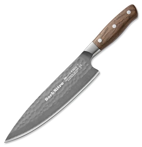 F. DICK Kochmesser DarkNitro 21 cm - geschmiedet, rostfrei, Klinge extra scharf, 61 HRC, Chefmesser Hammerschlag & Eichenholzgriff - Spezialstahl Küchenmesser - Profi Messer Made in Germany - 81147212 von F. DICK