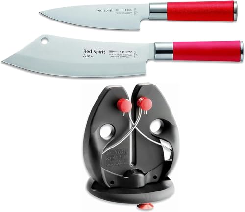 F. DICK Kochmesser-Set „Ajax“, Red Spirit (Messer 15 cm, Küchenmesser 20 cm, Messerschärfer Rapid Steel, X55CrMo14 Stahl, nichtrostend, 56° HRC von F. DICK