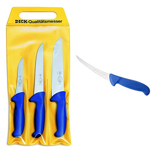 F. DICK Messer Set ErgoGrip 3-teilig, 8255300, Blau & Ausbeinmesser, ErgoGrip, flexibel (Messer mit Klinge 15cm, X55CrMo14 Stahl, nichtrostend, 56° HRC) 82981151, Blau von F. DICK