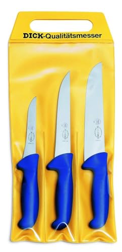 F. DICK Messer Set ErgoGrip 3-teilig (Ausbeinmesser 13cm, Stechmesser 18cm, Blockmesser 21 cm, HRC 56°) 8255300, Blau von F. DICK