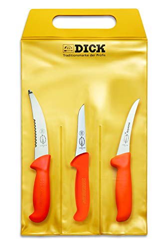 F. DICK Messer Set ErgoGrip 3-teilig „Jagd Outdoor“ (Aufbrechmesser 15 cm, Ausbeinmesser geschweift starr 13 cm, Ringelmesser gerade 10 cm, HRC 56°) 82556200, Orange von F. DICK