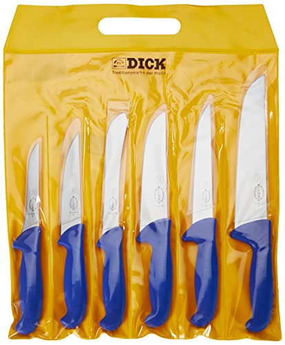 F. DICK Messer Set ErgoGrip 6-teilig (Blockmesser 18, 23 cm, Stechmesser 15, Sortiermesser 18 cm, Ausbeinmesser 13 cm, HRC 56°), Edelstahl, Blau, 36.4 cm von F. DICK