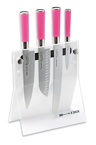 F. DICK Pink Spirit Messerblock 4Knives (Officemesser Santoku Küchenmesser Brotmesser, Messer-Set, aus hochlegiertem Edelstahl, Klinge lasergeprüft, X55CrMo14 Stahl, Griff Kunststoff) 8 1772 000-05-79 von F. DICK