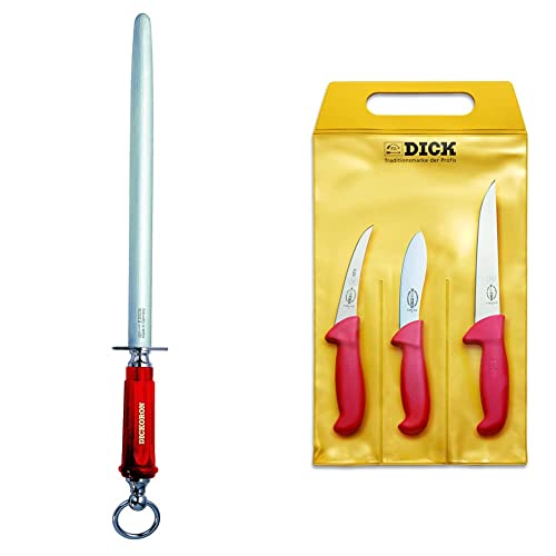 F. DICK Wetzstahl Dickoron Classic, 7598330, 48.26 x 5.09 x 2.13 cm und Messer Set ErgoGrip 3-teilig, Jagd Indoor (geschweifte Klinge 13 cm, Abhäutemesser 13 cm, Stechmesser 18 cm, HRC 56°) 82556100 von F. DICK