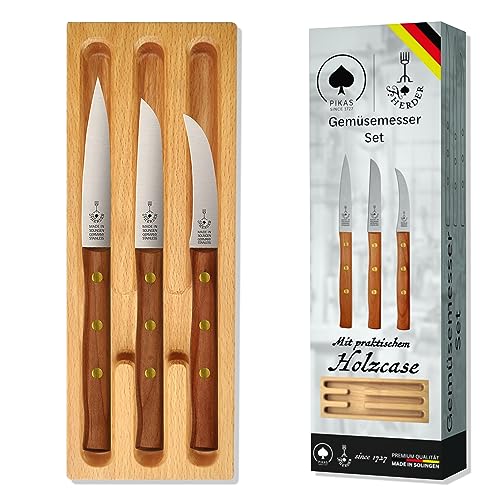 Gemüsemesser Set Premium aus Solingen, Extrascharf, Rostfrei, 3 Gemüsemesser: Mittelspitz, Gerade, Gebogene Klinge – Für Gemüse, Obst, Kirsche Holzgriff, Deutschland von F. Herder