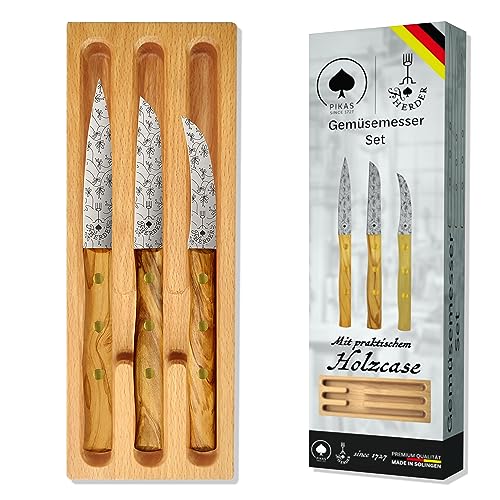 Gemüsemesser Set Premium aus Solingen, Extrascharf, Rostfrei, 3 Gemüsemesser: Mittelspitz, Gerade, Gebogene Klinge – Für Gemüse, Obst, Olive Holzgriff, Deutschland von F. Herder